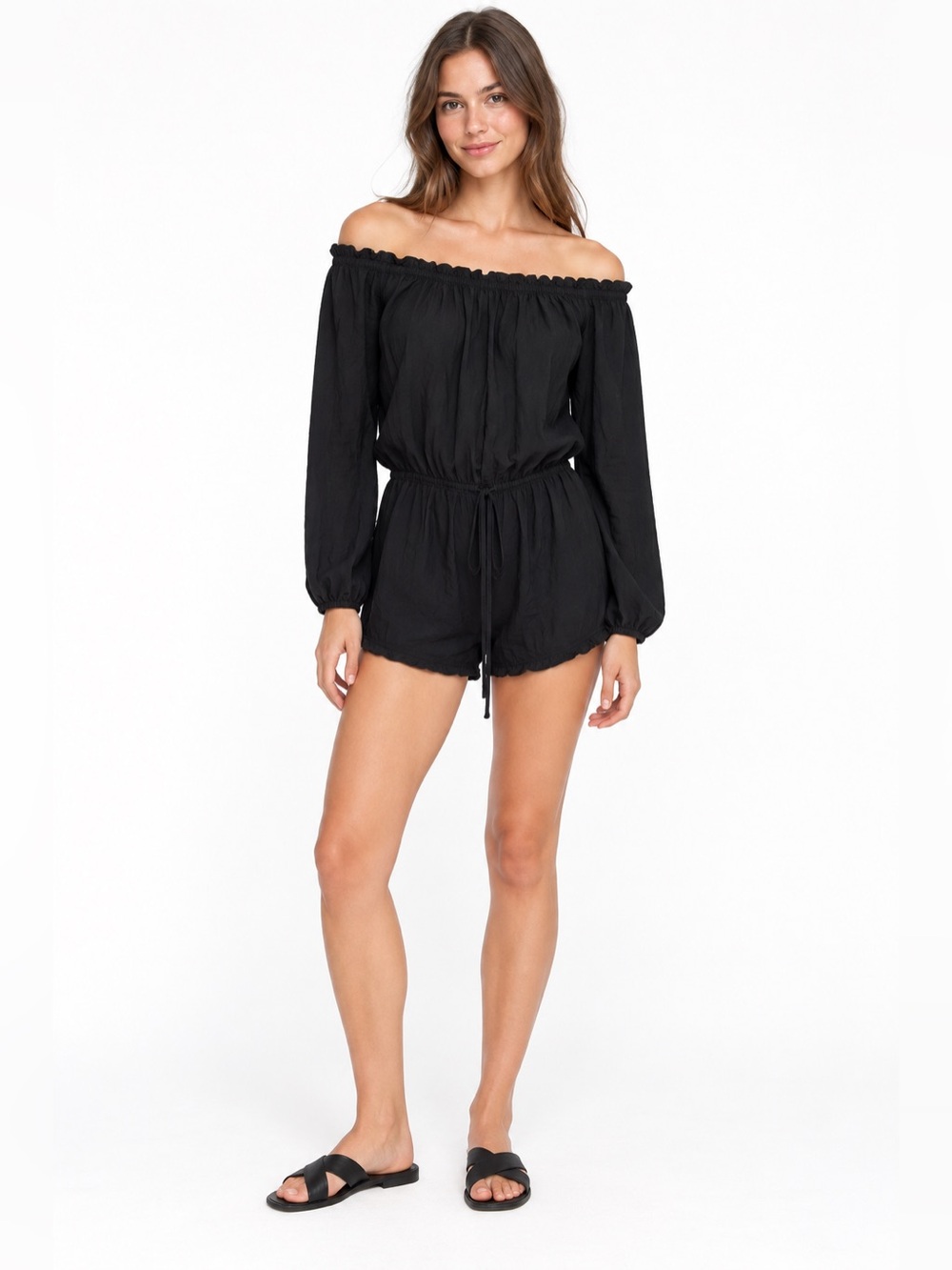 Brandy Melville Black Off-Shoulder Long-Sleeve Romper One Size NWT